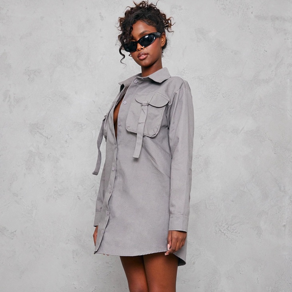 PrettyLittleThing Charcoal Gray Cargo Pocket Buckle Detail Shirt Dress NWT